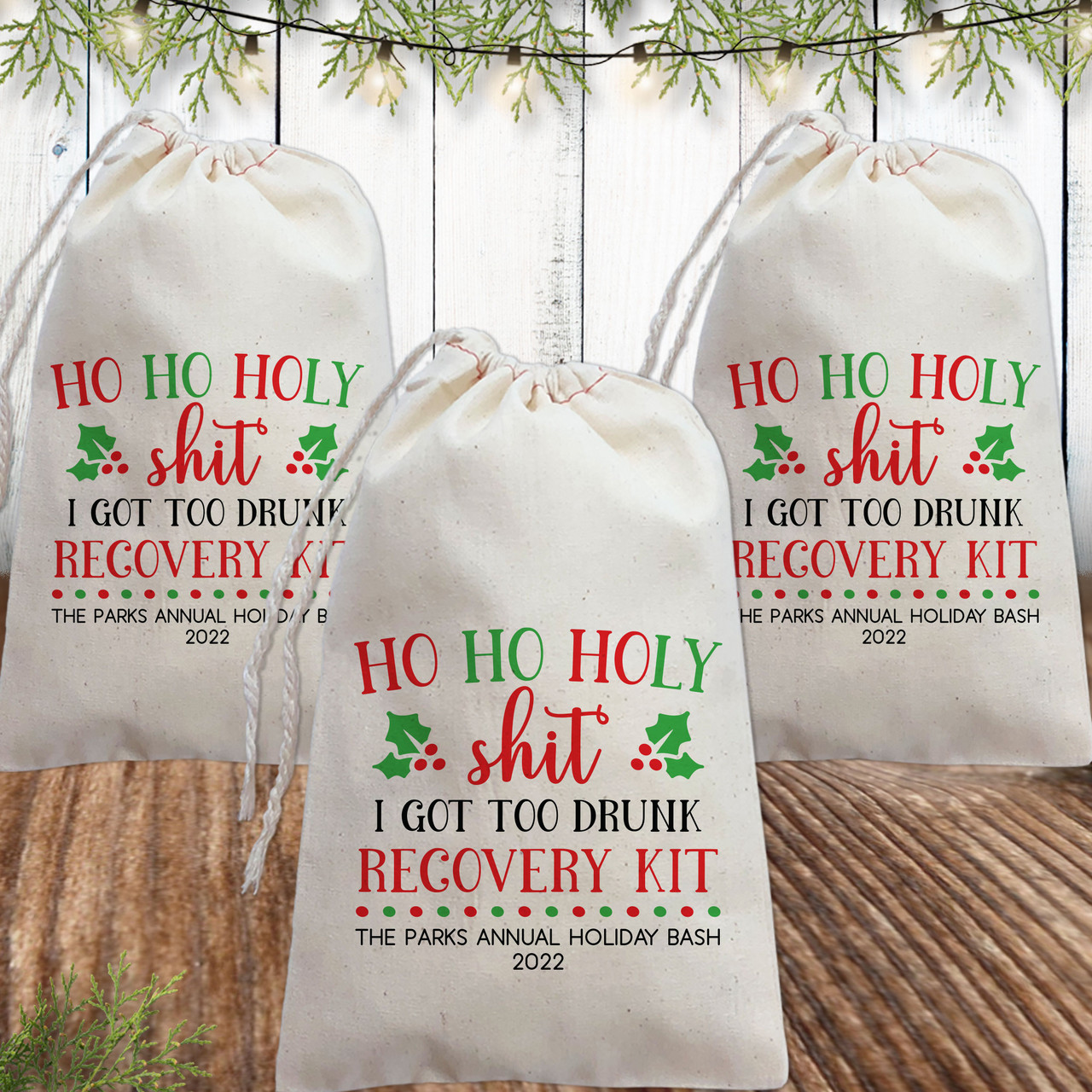 Custom Canvas Favor Bags: Ho Ho Holy Christmas Recovery Kit Bags