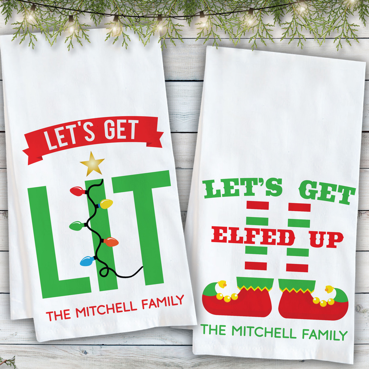 Custom Christmas Dish Towels  Personalized Holiday Tea Towel Set