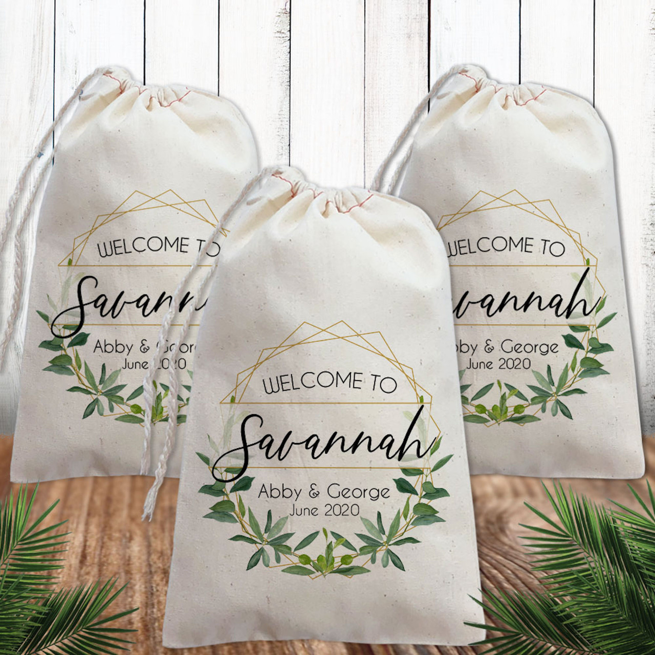 Gold & Greenery Welcome Favor Bags