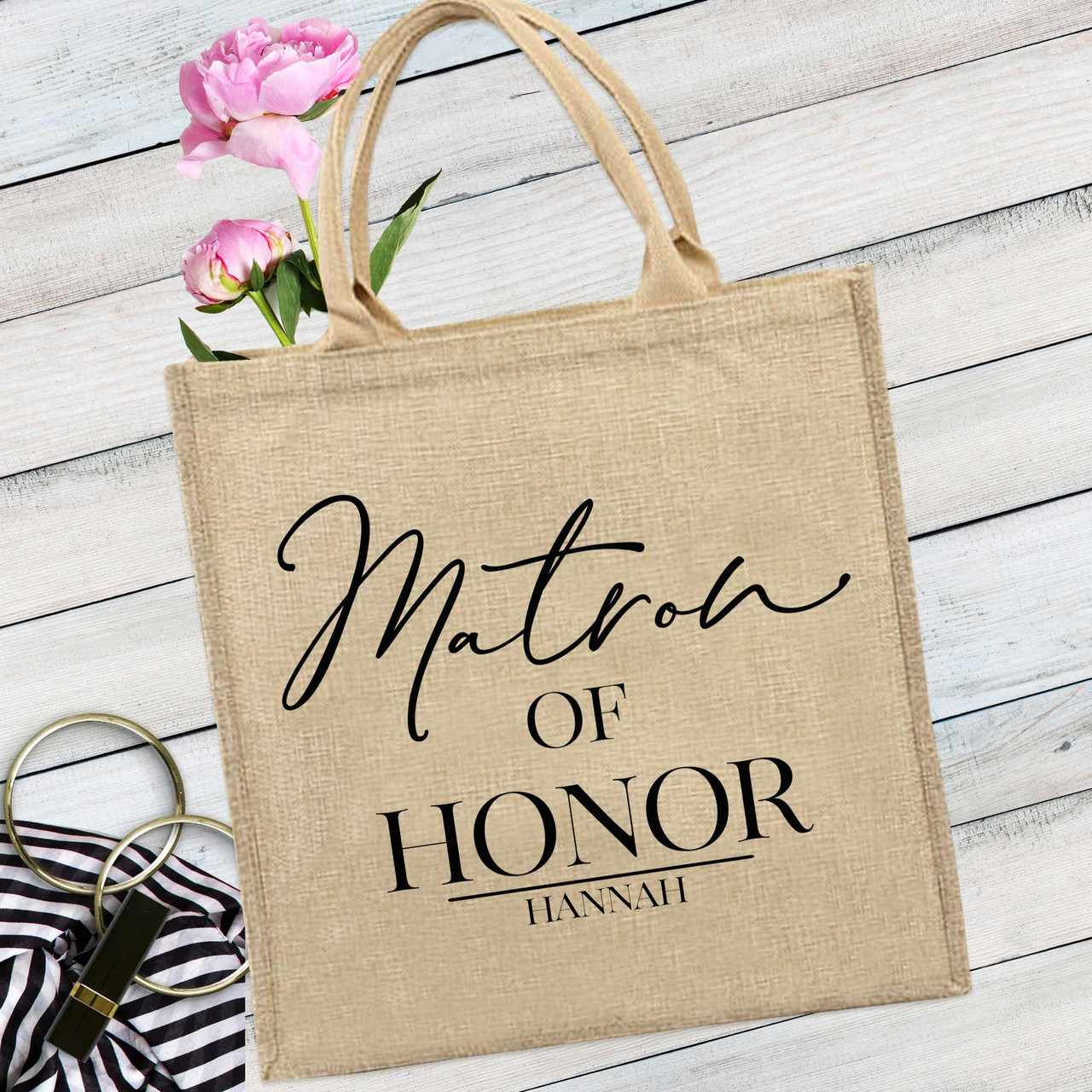 Custom Modern Bridal Party Jute Tote Bags