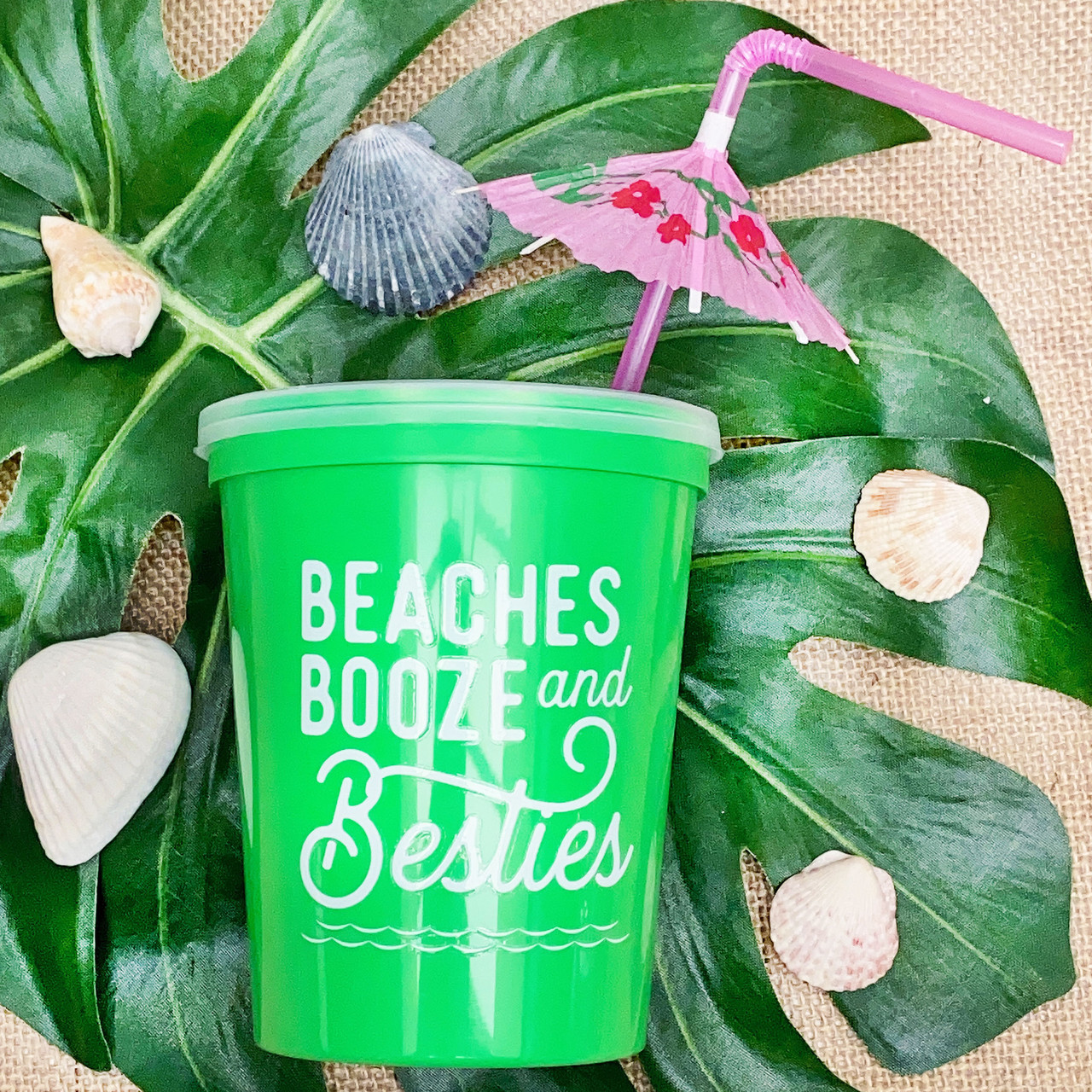 Beaches Booze & Besties Party Stadium Tumblers with Lids + Straws