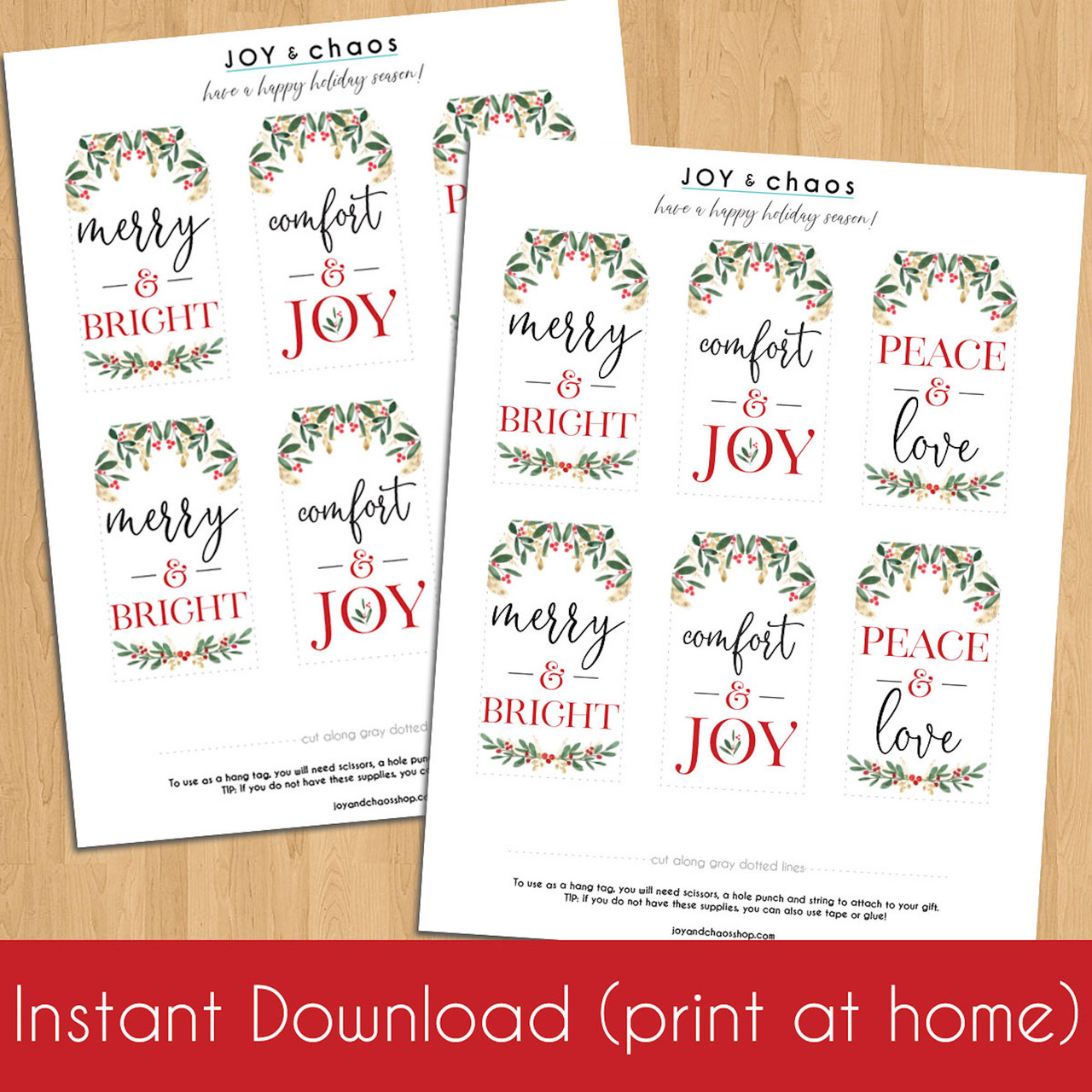 Watercolor Holly Printable Holiday Gift Tags (Instant Download)