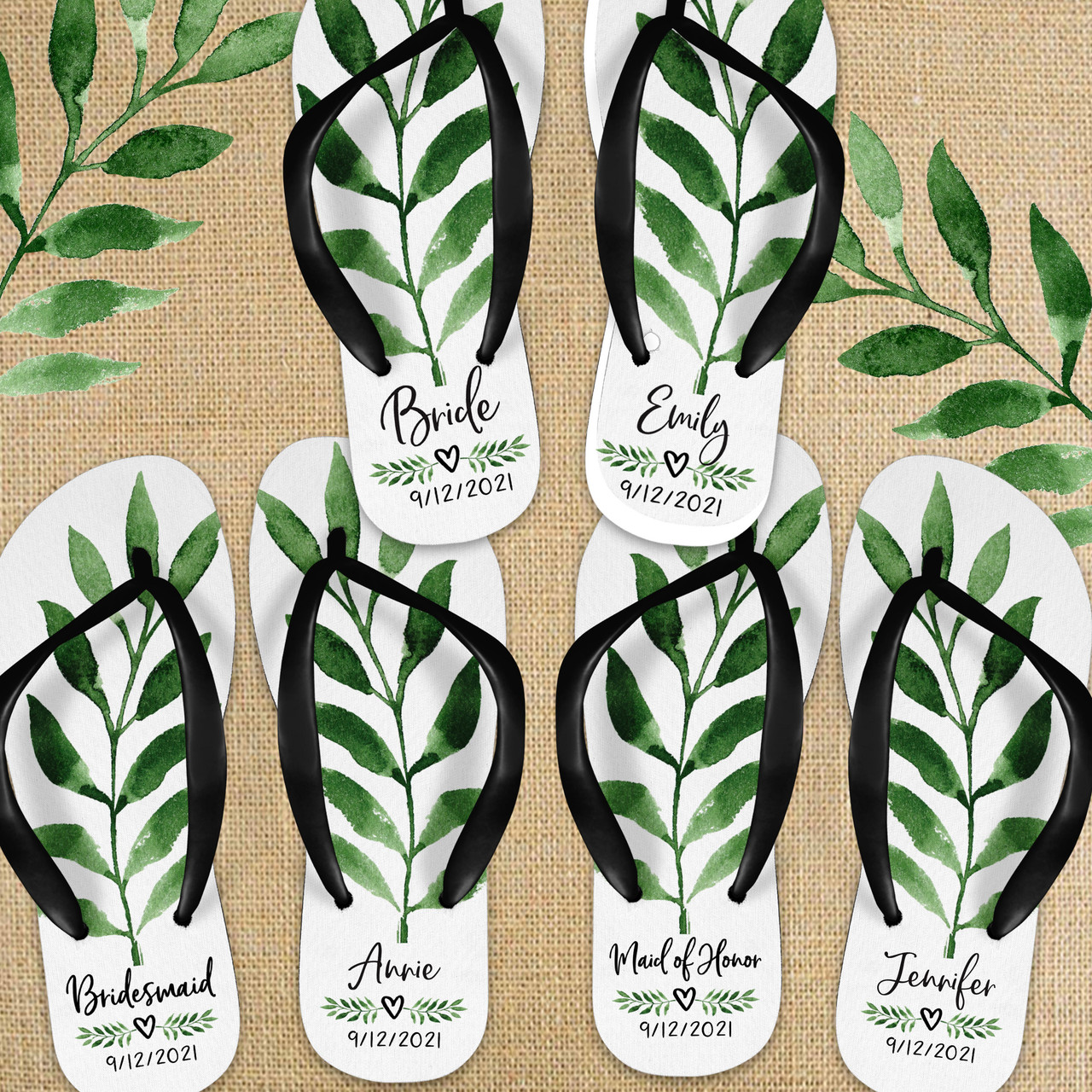 Leaf Heart Greenery Personalized Bridal Party Flip Flops