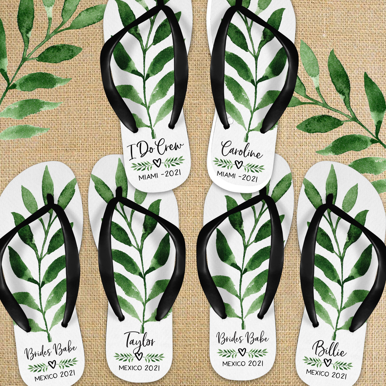 Leaf Heart Greenery Personalized Bridal Party Flip Flops