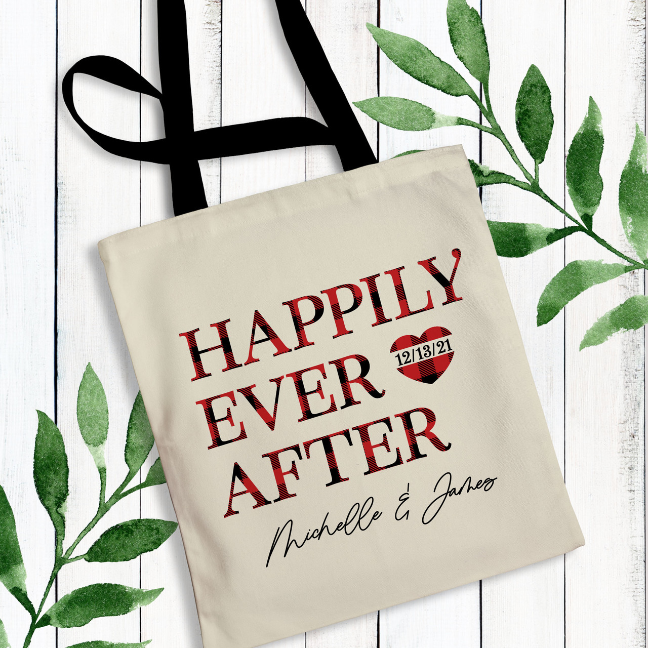 Plaid Happily Ever After Custom Wedding Welcome Tote Bags