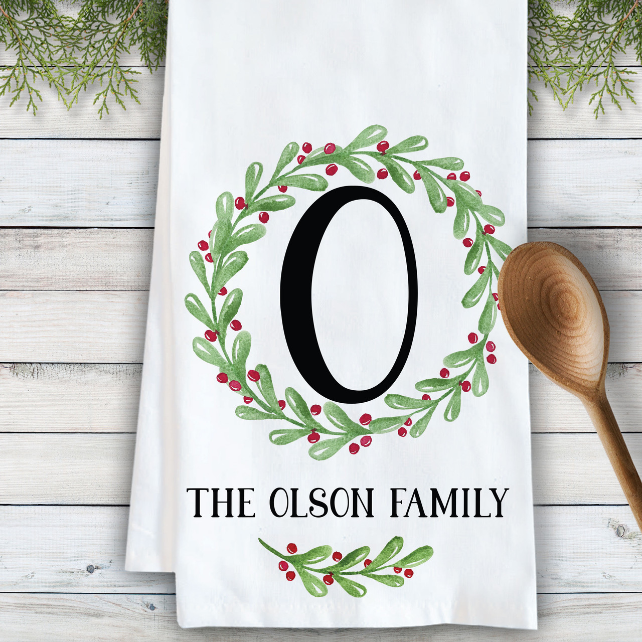 Watercolor Holly Monogrammed Christmas Kitchen Towels