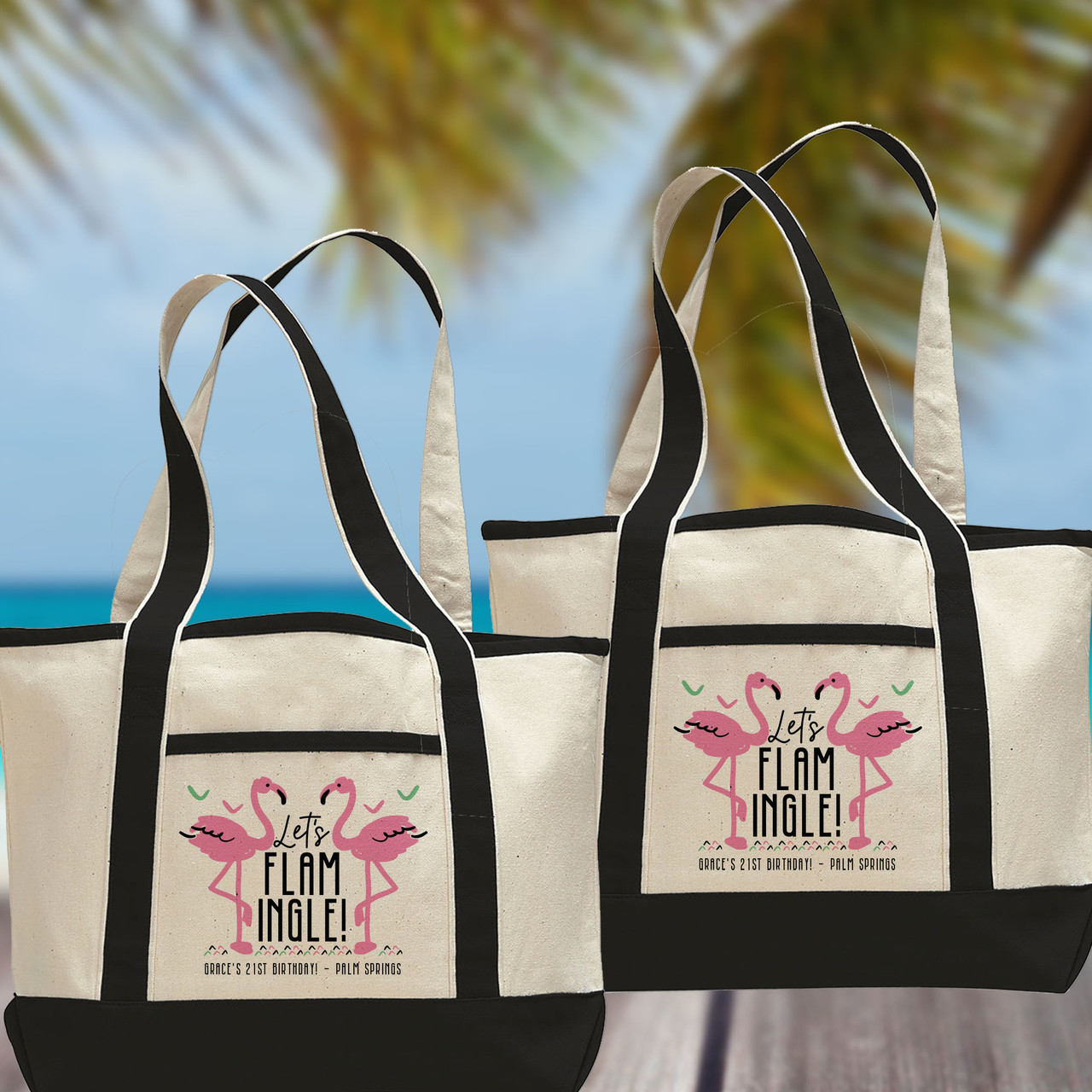 Let's Flamingle Personalized Flamingo Beach Tote Bags