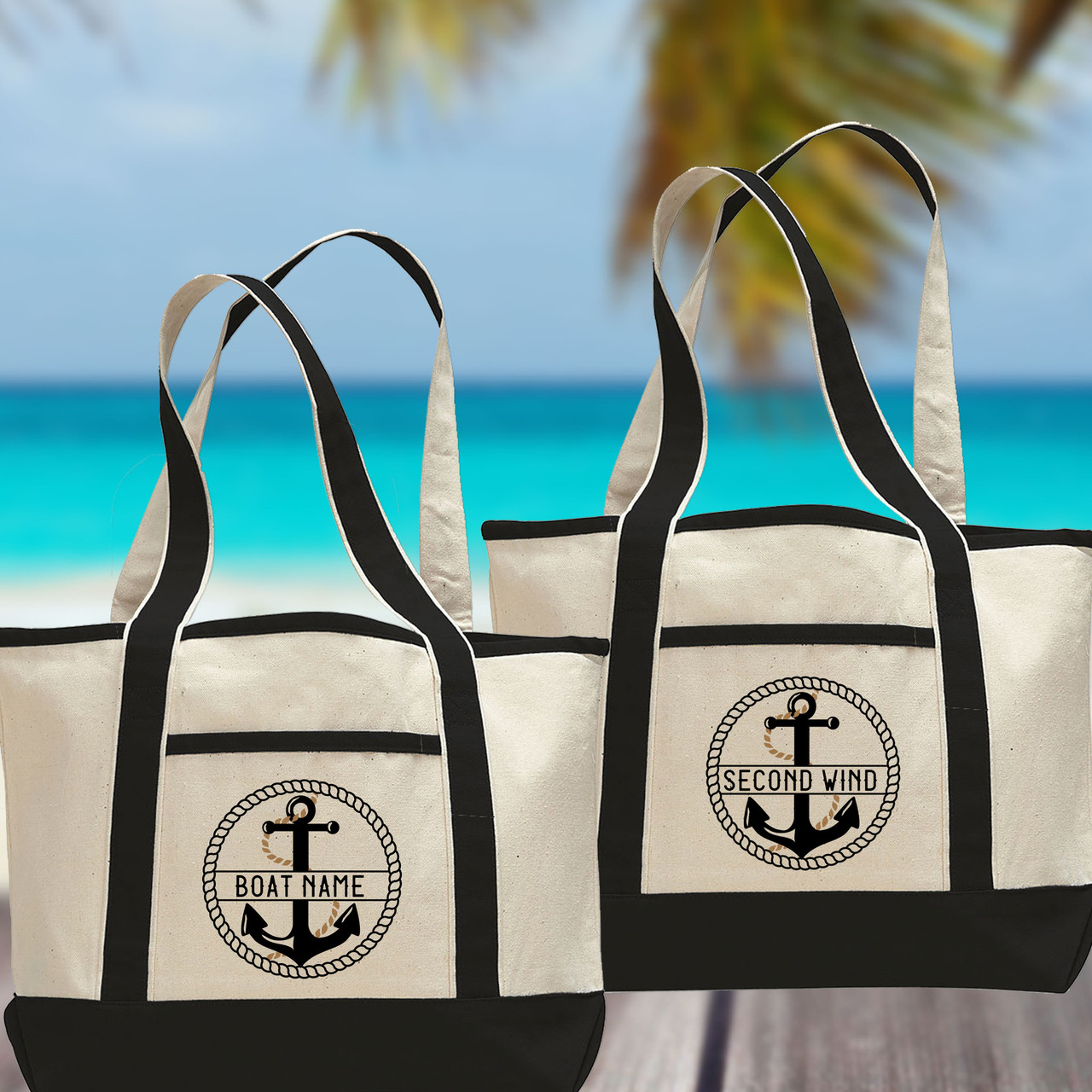 Boat Name Custom Beach Tote Bag with Anchor Print