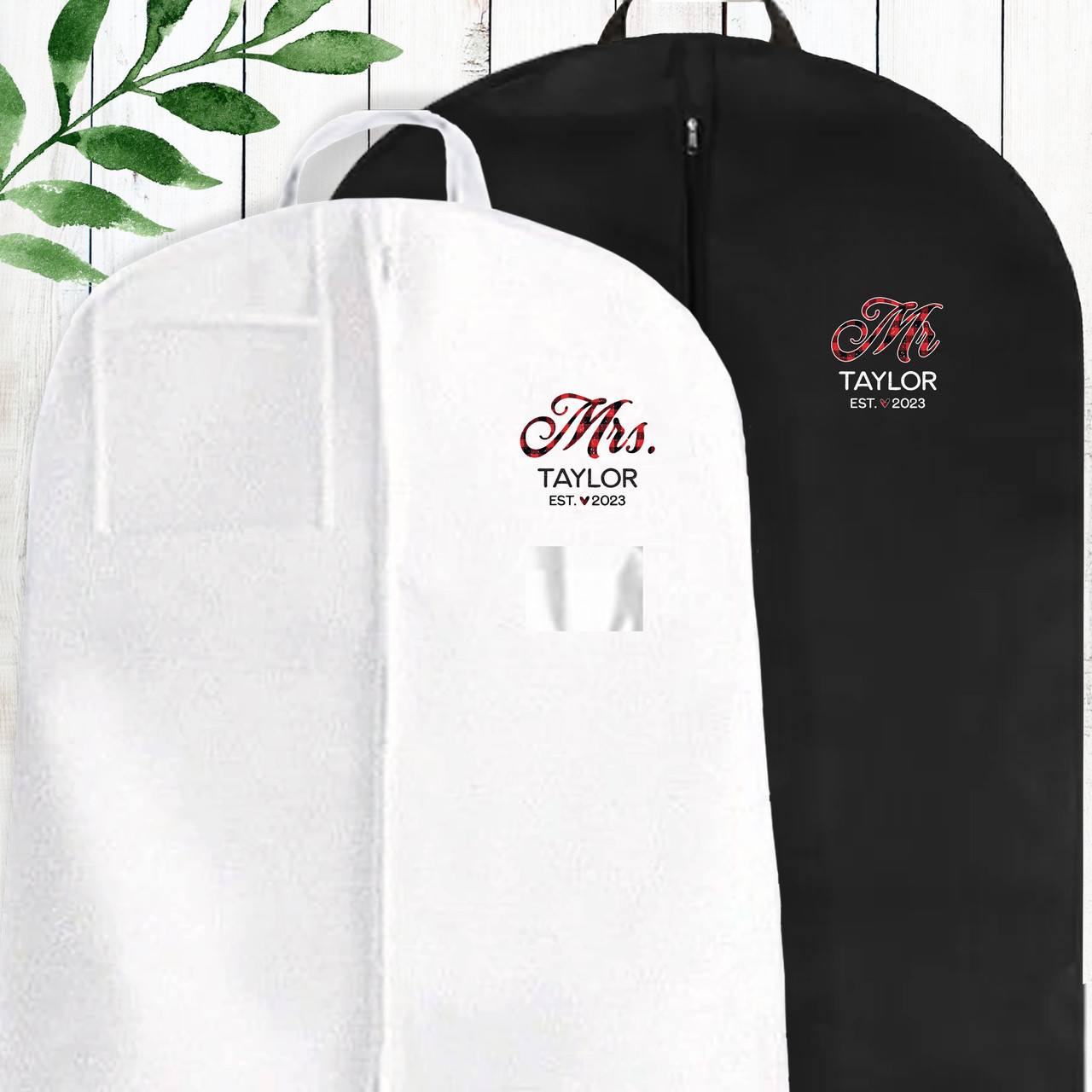 Modern Plaid Mr. + Mrs. Personalized Wedding Garment Bags