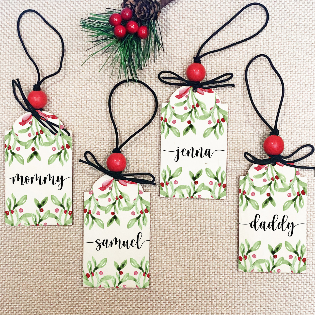 Watercolor Holly Custom Wood Christmas Stocking Tags