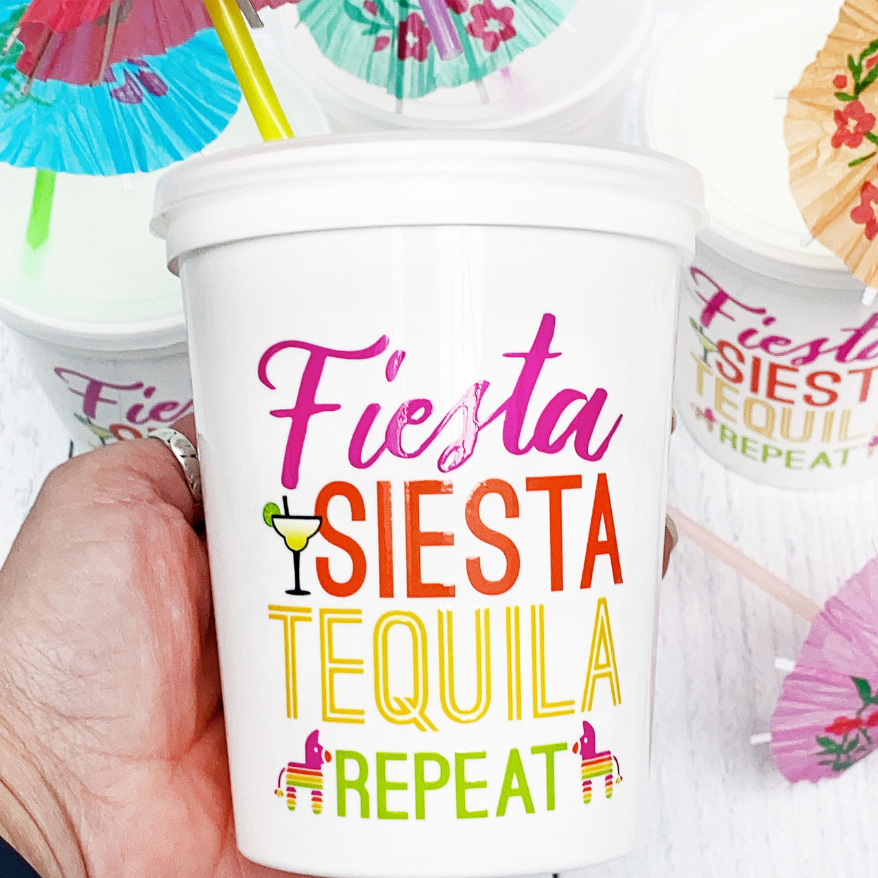 Fiesta Siesta Tequila Party Cups - Plastic Stadium Tumblers with