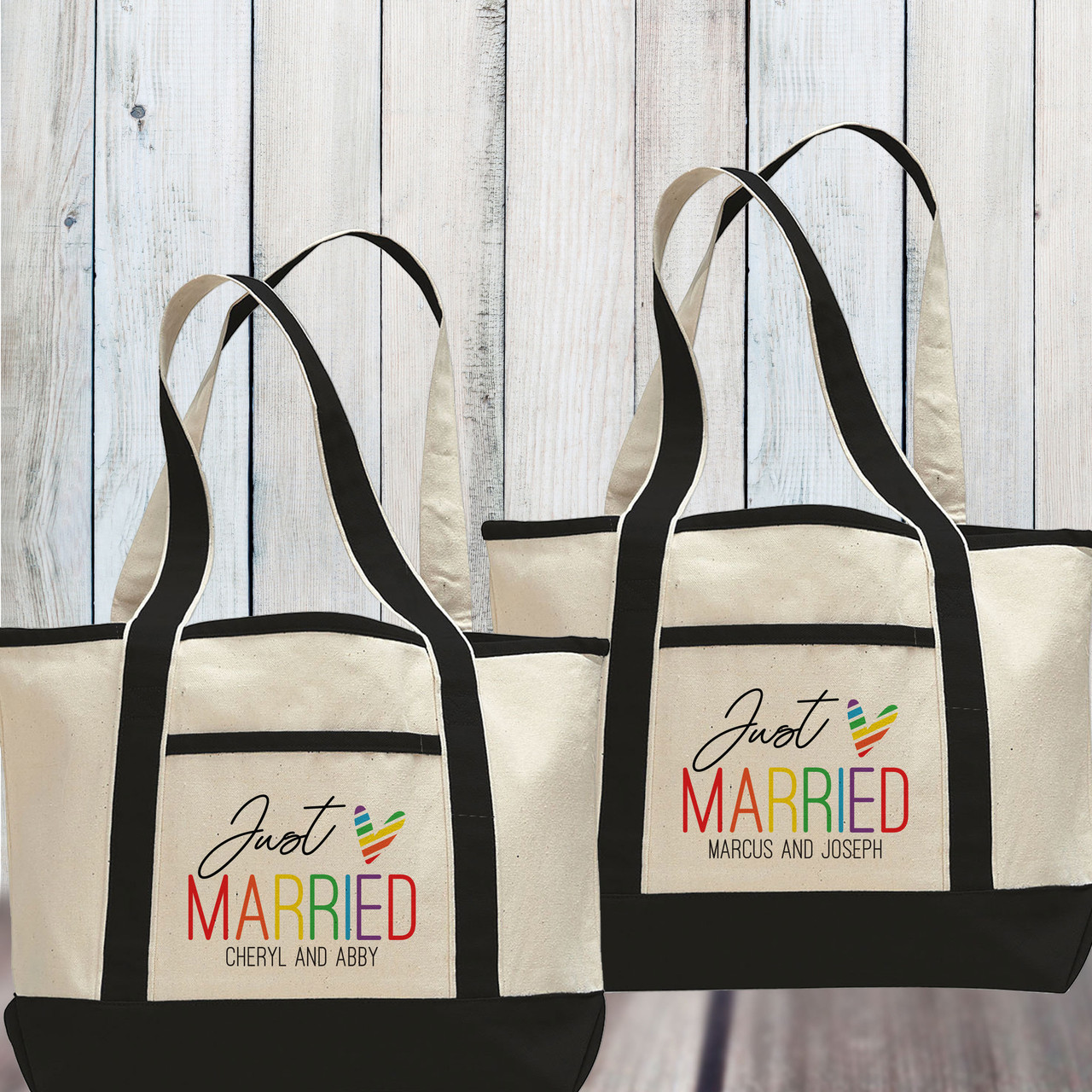 Just Married Personalized Beach Tote Bag for Same Sex Couple photo