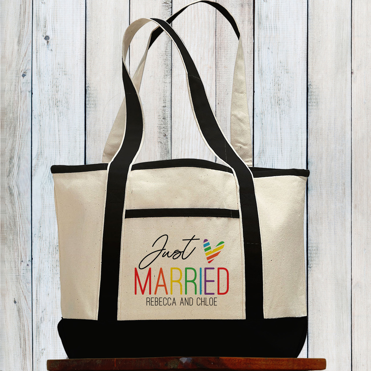 Just Married Personalized Beach Tote Bag for Same Sex Couple