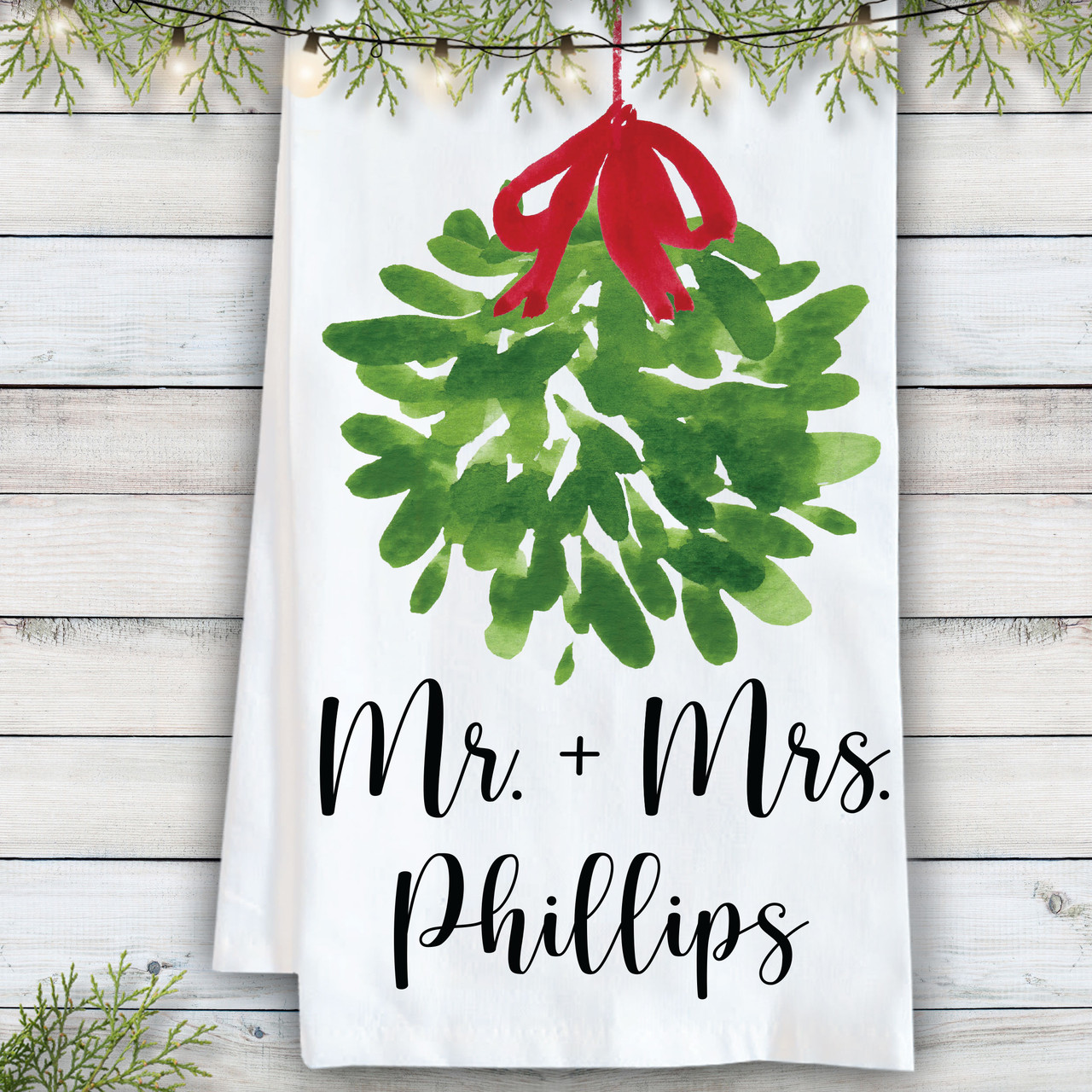 Watercolor Mistletoe Wreath Personalized Kitchen Towels