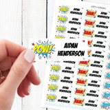 Kapow Comic Waterproof Name Labels - Superhero Name Stickers for Kids