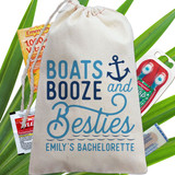 Boat Theme Bachelorette Party Favor Bags - Personalized Nautical Party Favor Bags - Lake Girls Trip Gift Bags - Funny Boat Party Supplies- Cruise Ship Girls Trip Vacation Gifts - Boats, Booze, and Besties Custom Printed Canvas Drawstring Favor Bags