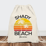 Shady Beach Bags -  Personalized Beach Bachelorette Bags - Retro Orange and Yellow Stripe Palm Tree Design - California Bachelorette - Surf Vacation Bags for Island Girls Trip - Customized Drawstring Backpacks