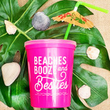 Beaches Booze and Besties Hot Pink 16 oz Plastic Tumbler Stadium Cup with Lids and Reusable Bendy Straw