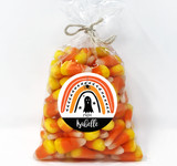 Personalized Round Halloween Favor Labels for Kids - Mod Rainbow and Ghost Halloween Favor Stickers