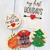 Newborn Baby First Year of Holidays Wooden Milestone Photo Prop Cards - Wood Round My  First Holidays Photo Signs for Babies - First Christmas, New Years Eve, Valentine's Day, St. Patricks Day, Easter, Mother's Day, Father's Day, Fourth of July, Halloween, Thanksgiving, Christmas, Birthday