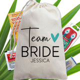 Team Bride Gift Bags for Bridal Party - Modern Bridesmaid Goodie Bags - Personalized Bridal Shower Favor Bags - Custom Jewelry Bags for Wedding Party - Drawstring Canvas Bags with Names - Minimalist Bride Gift Bag - Modern Bachelorette Party Favor Bags - Black Script and Pool Blue Turquoise Green Aqua Heart