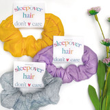 Sleepover Hair Don't Care Scrunchies - Girls Slumber Party Favors - Sleepover Favors for Tween Girls - Bulk Cotton Jersey Ponytail Holders - Golden Yellow Mustard Scrunchies, Heather Gray Scrunchies, Pastel Purple Lilac Lavender Scrunchies