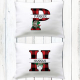 Plaid Pinecone Monogrammed Pillowcase - Red and Black Buffalo Check Plaid Pillows - Custom Christmas Pillowcase