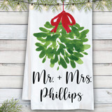 Personalized Christmas Tea Towels - Watercolor Wreath and Winter Floral Mistletoe Design - Custom Christmas Wedding Gift - Personalized Dish Towel Set for Couple