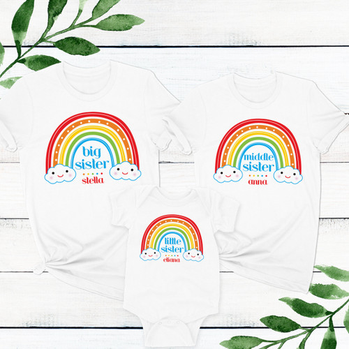 Happy Rainbow Personalized Sister Shirts - Custom Big Sister T-Shirt - Rainbow Little Sister Outfit - Middle Sister Shirt with Name - Rainbow Girls Shirts - Girls Clothing with Kawaii Rainbow and Clouds Design - Matching Sister Shirts