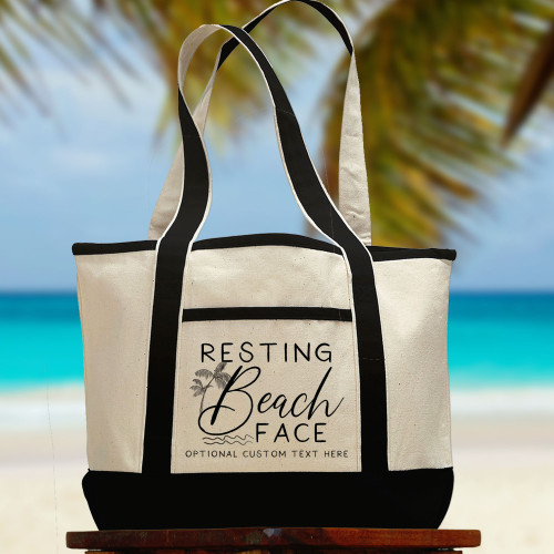 Resting Beach Face Bag - Personalized Beach Bag - Custom Canvas Beach Bag for Vacation - Large Carryall Tote with Pockets