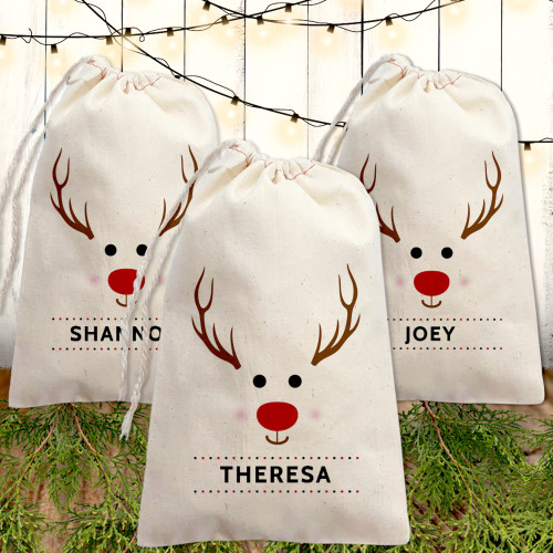 Red-Nosed Reindeer Custom Christmas Gift Bags - Personalized Holiday Party Favor Bags for Kids + Adults