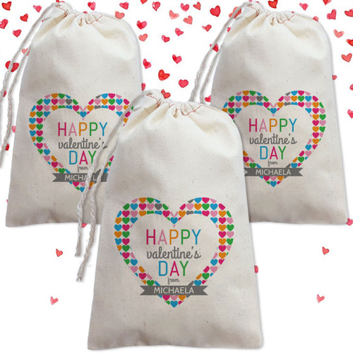 Personalized Valentines Day Party Favor Bags - Modern Rainbow Heart Valentines Day Gift Bags - Custom Drawstring Canvas Bags - Kids Valentines Day Bags