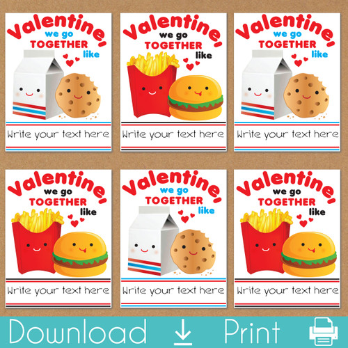 Funny Printable Valentine's Day Cards - Instant Download Burger and Fries Valentines for Kids - Childrens Classroom Valentine Cards for School Valentine's Day Party - Digital File to Print at Home - Boys  Cheeseburger Valentines - Cartoon Junk Food Design Cards with French Fries and Hamburger