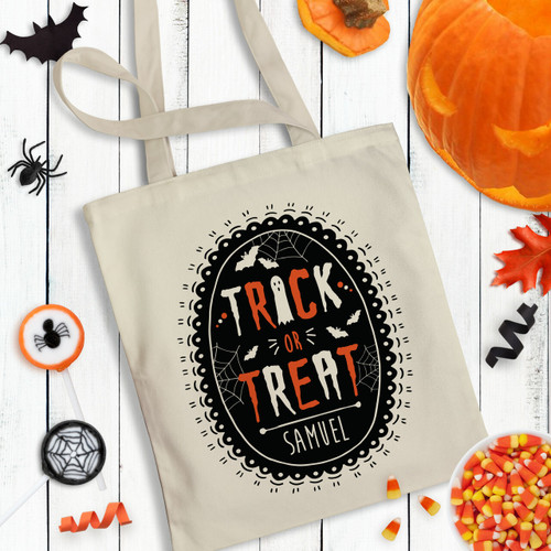 Personalized Canvas Tote Bag with Name - Children's Custom Halloween Trick or Treat Bag - Kids Trick or Treat Candy Sack
