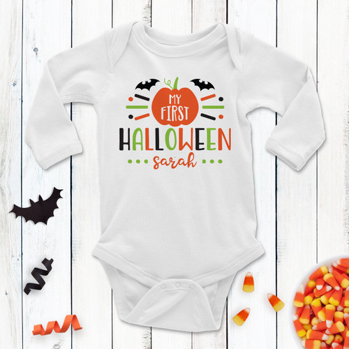 My First Halloween Personalized Baby Bodysuit - Custom Halloween Baby Outfits - Monogrammed 1st Halloween Gifts + Clothing