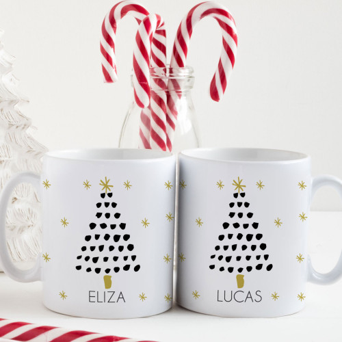 White Christmas Tree Personalized Mugs - Custom Holiday Mugs - Minimalist Christmas Decor