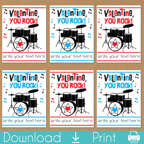 Drum Set Rockstar Printable Valentine's Day Cards - Instant Download Valentines for Kids - Childrens Classroom Valentine Cards for School Valentine's Day Party - Digital File to Print at Home - Toddler Boys Valentines - Music Theme Rock and Roll Valentines