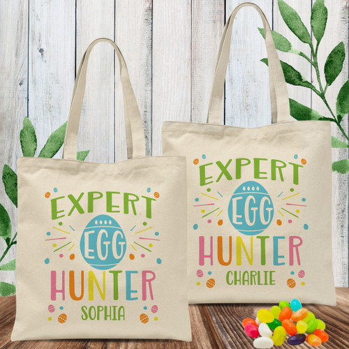 Expert Egg Hunter Bag with Name - Personalized Easter Tote Bag for Children - Toddler Boy Gifts for Easter - Little Girl Gift for Easter - Canvas Tote Bag with Pastel Rainbow Easter Egg Design