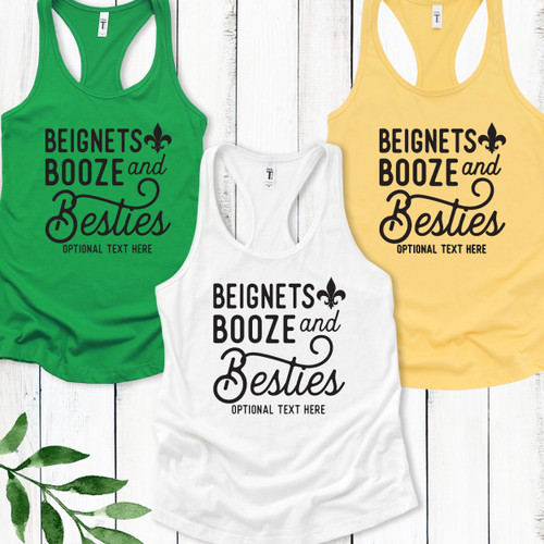 Beignets Booze & Besties Racerback Tank Tops - Custom Tees and Shirts for Women - New Orleans Shirts - Personalized NOLA Girls Trip Shirts - Matching Custom Tank Tops