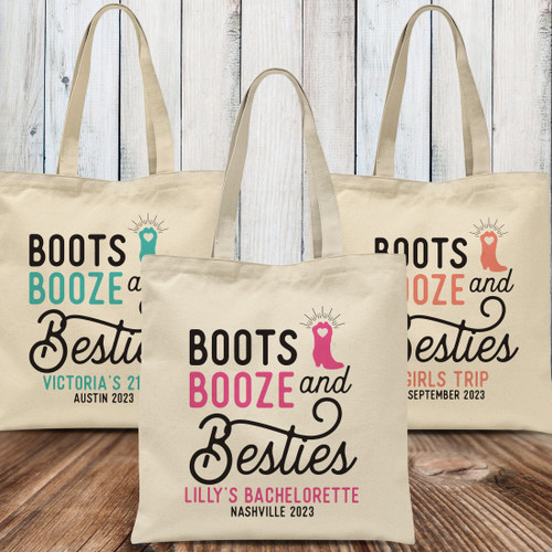 Nashville Bachelorette Party Tote Bags - Personalized Country Birthday Tote Bags - Western Tote Bags - Texas Austin Girls Trip Gift Bags - Cowgirl Tote Bags - Cowboy Boots, Booze, and Besties - Custom Printed Canvas Tote Bags - Pink and Brown Cowboy Boot Design