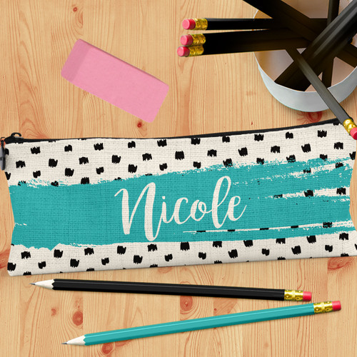 Personalized Watercolor Stripe and Modern Polka Dot Zipper Pouch - Pool Blue Pencil Case and Kids Custom Hand Sanitizer Holder - Girls School Supplies