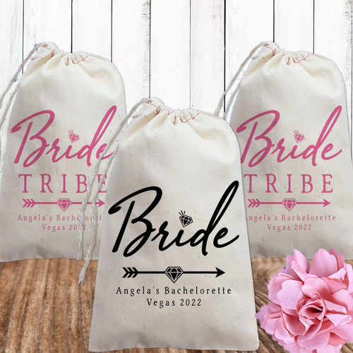 Diamond Bride Tribe Custom Bridesmaid Bags - Personalized Bridesmaid Jewelry Bags - Custom Canvas Bridal Party Gift Bags - Personalized Canvas Bags - Custom Bridal Shower Favor Bags with Names - Pink and Black