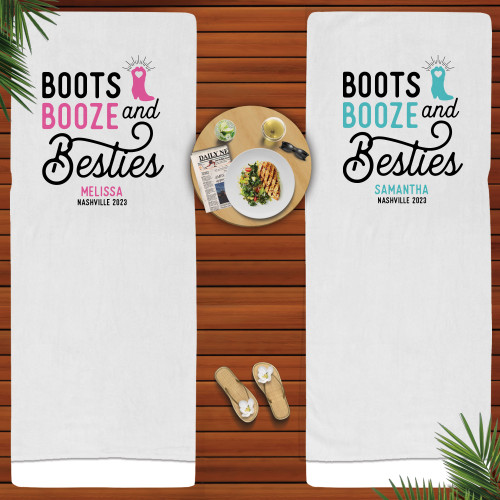 Personalized Beach Towels - Boots Booze and Besties Pool Towels for Country Western Girls Trip - Nashville Bachelorette Towels - Nashville Birthday Gifts