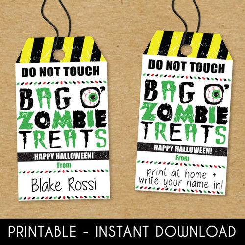 Printable Bag O' Zombie Treats Halloween Favor Tags - Instant Download Print at Home DIY Halloween Tags