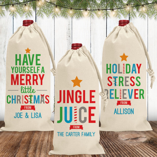 Classic Christmas Personalized Wine Bags - Custom Canvas Holiday Wine Gift Bags - Jingle Juice, Have Yourself A Merry Little Christmas, Holiday Stress Reliever