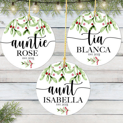 Personalized Watercolor Holly Aunt Christmas Ornament