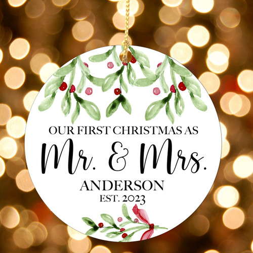 Watercolor Holly Our First Christmas Mr. & Mrs. Ornament - Custom Newlywed Christmas Ornaments for Couples