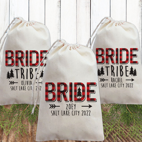 Plaid Bride Tribe Custom Favor Bags - Flannel Fling Bachelorette Party Bags - Personalized Gift Bags for Mountain Bachelorette - Forest, Camping, Cabin, Rustic Theme Weekend in the Woods