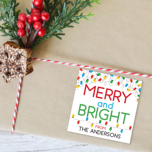 Holiday Lights Personalized Christmas Gift Labels - Customized Christmas Gift Sticker Set - Pre-Printed To From Holiday Gift Wrap Labels