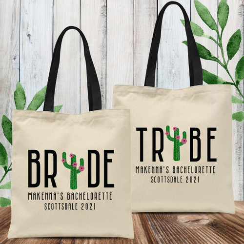 Custom Tote Bags: Cactus Bride Tribe for Southwest or Texas Bachelorette Party - Personalized Bachelorette Backpacks - Southwestern Mexico Cactus Bride Tribe - Bachelorette Party Gift Bags - Cactus Tote Bag -  Desert Theme Bridal Shower Favor Bags